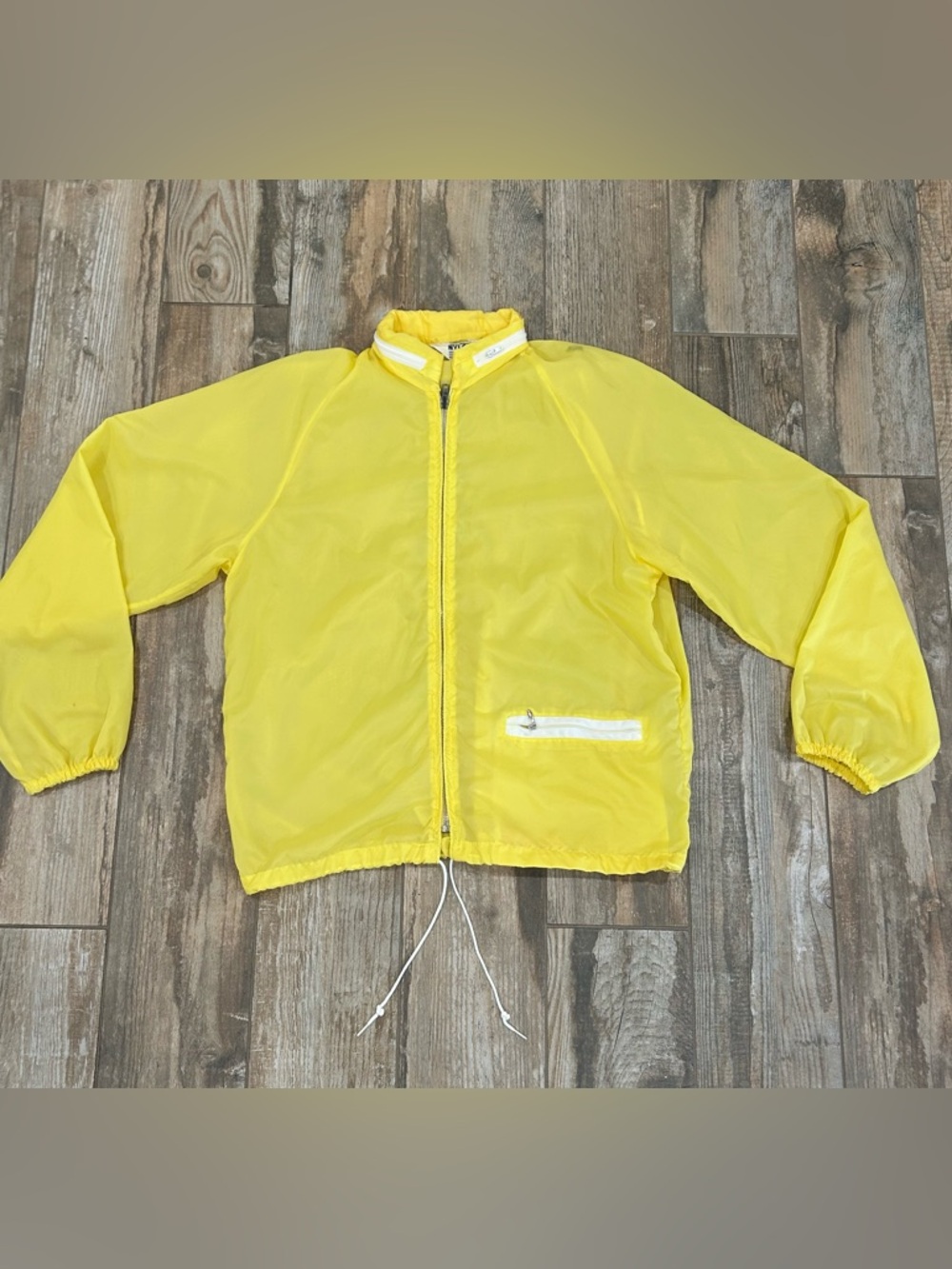 DuPont Bright Yellow 100% Nylon Medium Windbreaker Jacket hidden hood Zip VTG